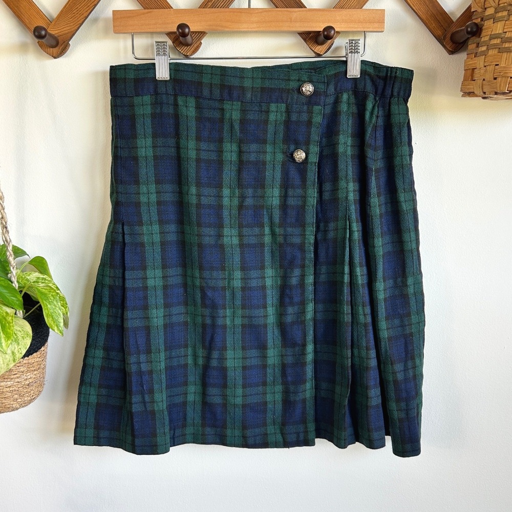 Maggie Lawrence Black Watch Plaid Pleated Midi Skirt Green Navy Blue Tartan